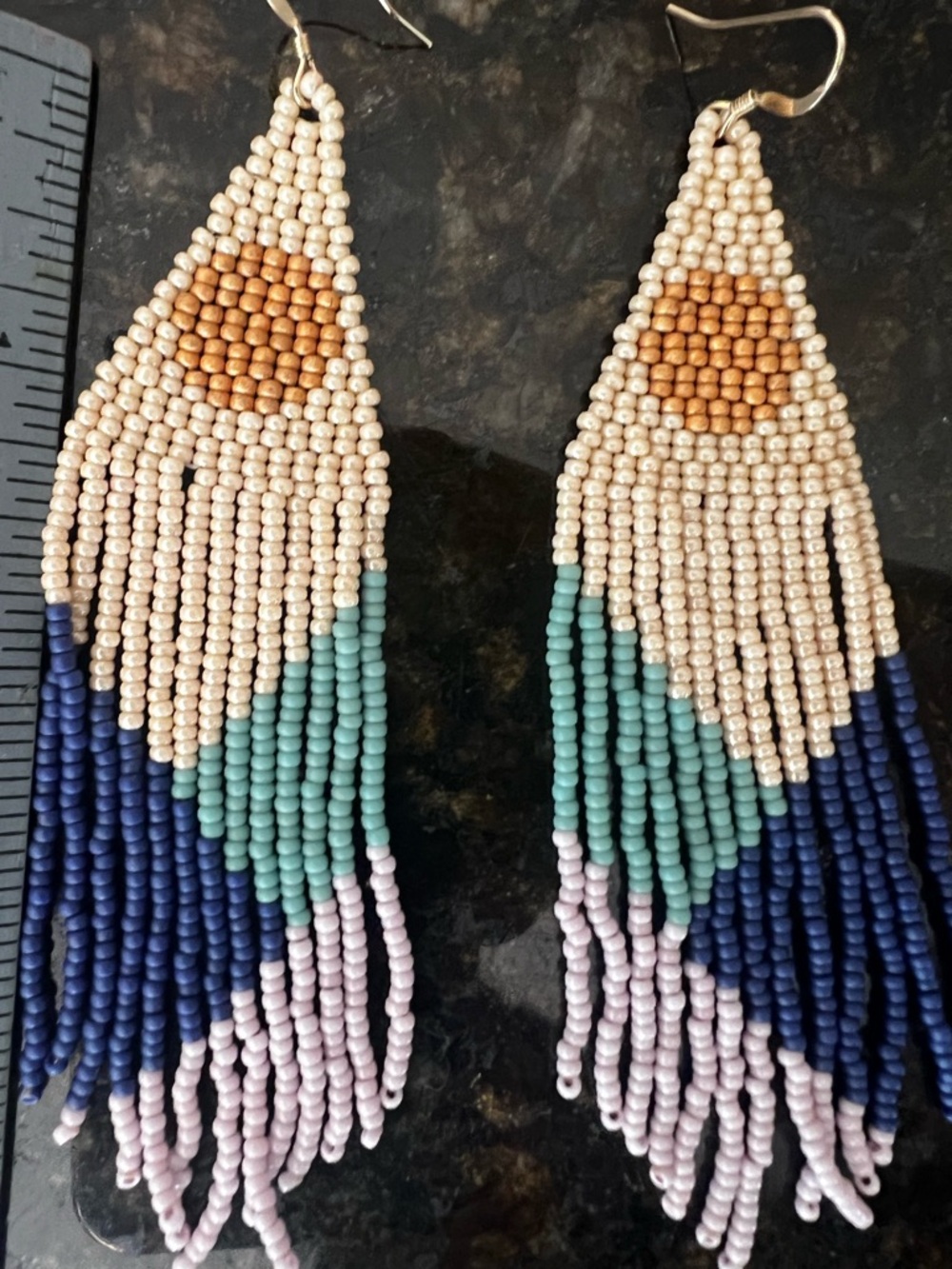 Handmade Beaded Fringe Earrings in Cream, Navy & Teal